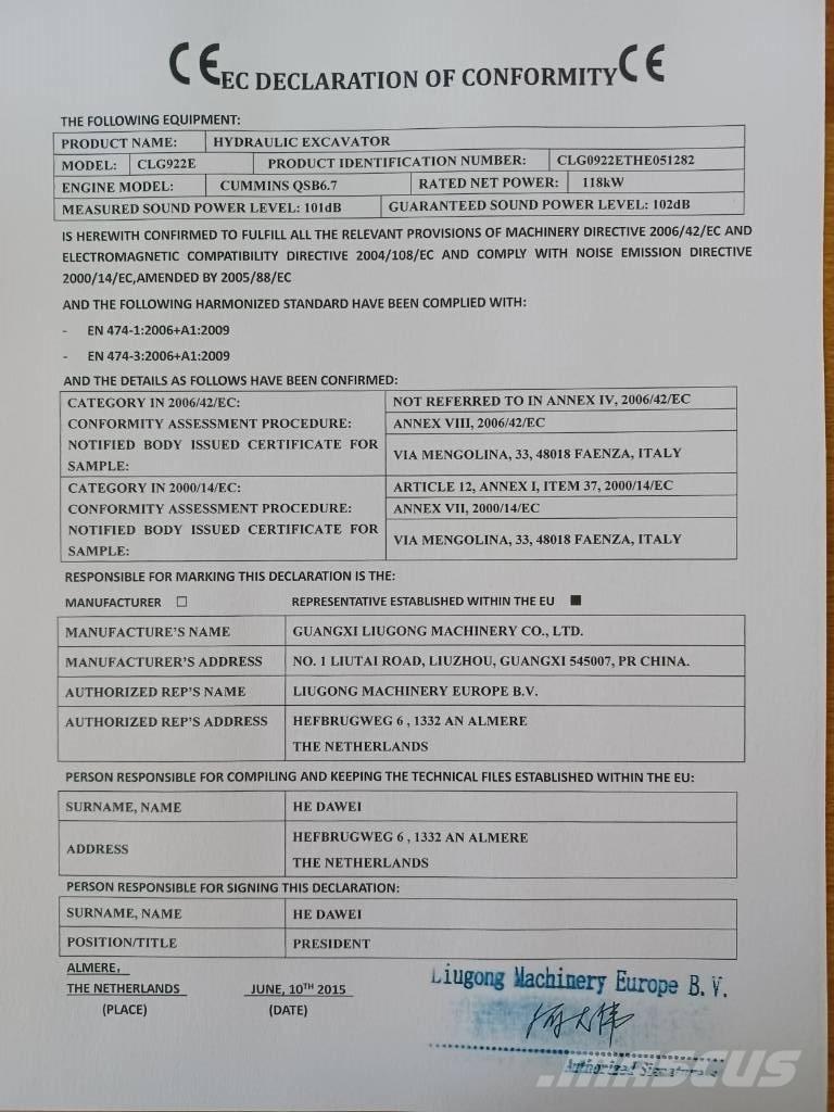 LiuGong CLG 922 E Escavadeiras de esteiras