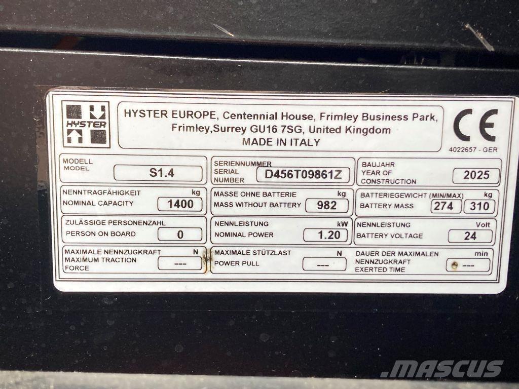 Hyster S 1.4 Empilhador para operador externo