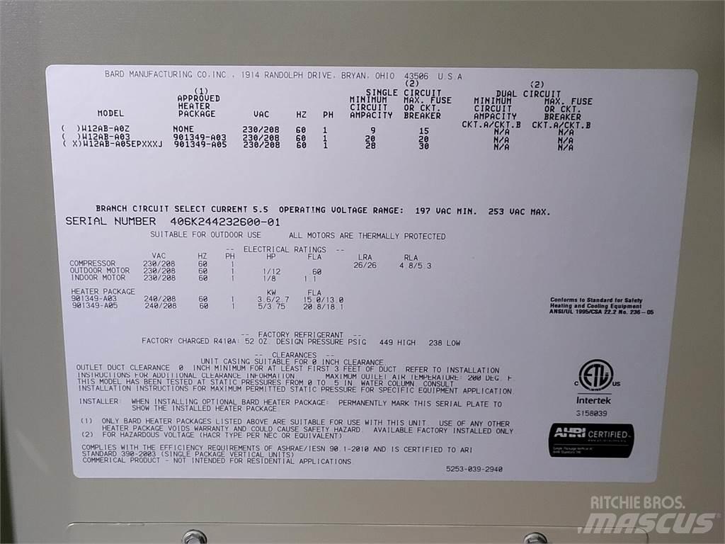  BARD W12AB-A05EPXXXJ Equipamento de aquecimento e descongelamento